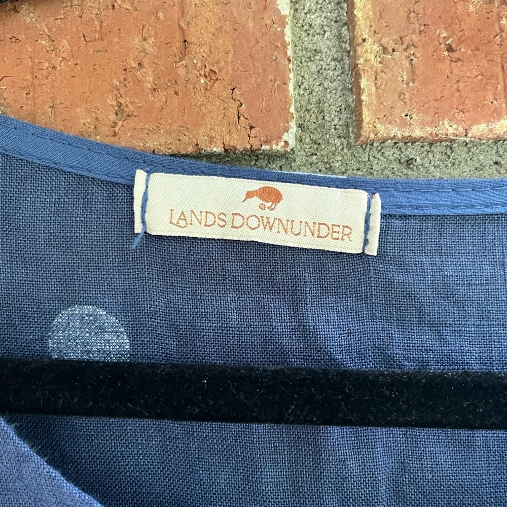 100% Linen Lands Downunder Blue and White Sleeveless Polka Dot Midi Sundress L - Picture 5 of 7